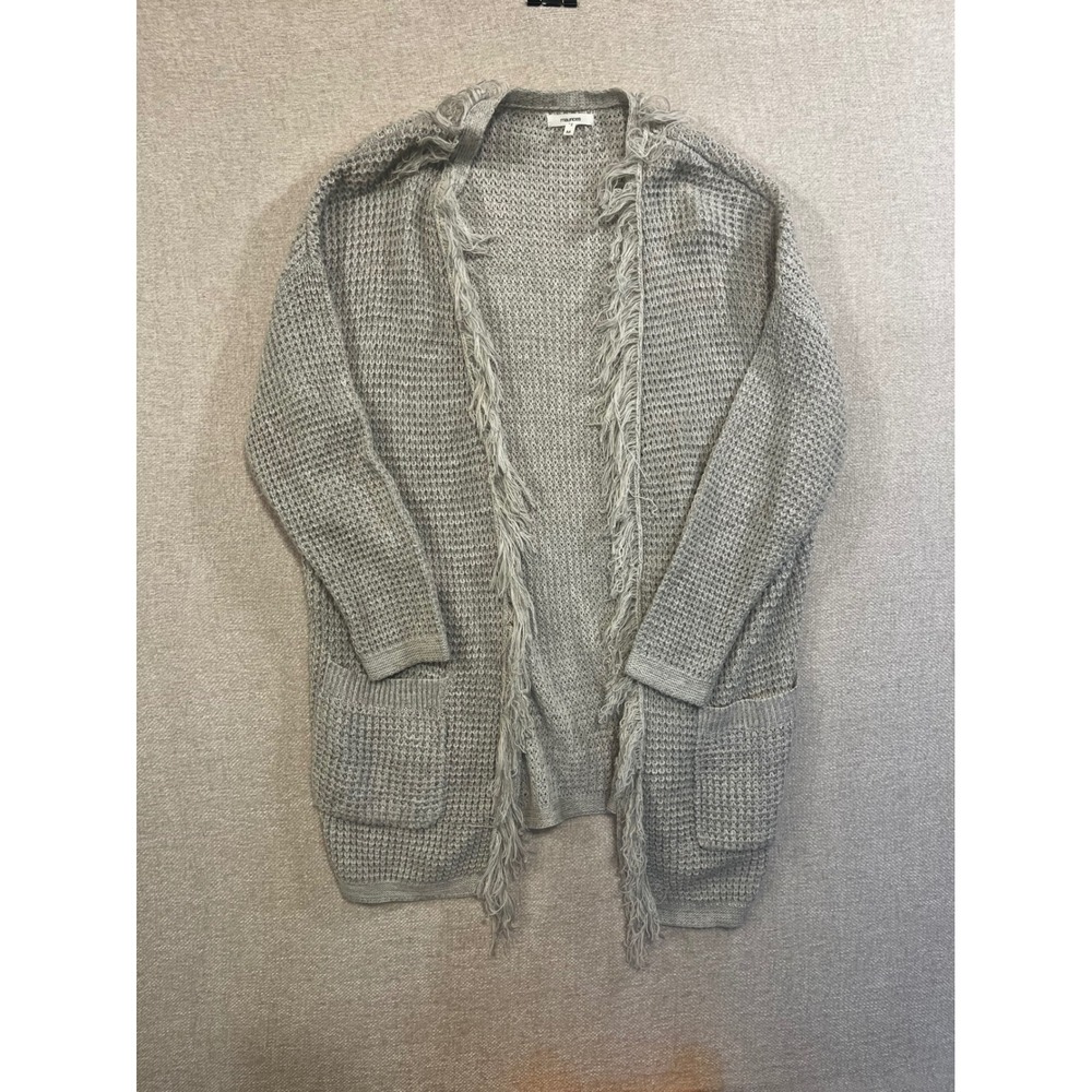 Maurices Gray Fringe Open Front Cardigan Sweater Waffle Knit Pockets Size M